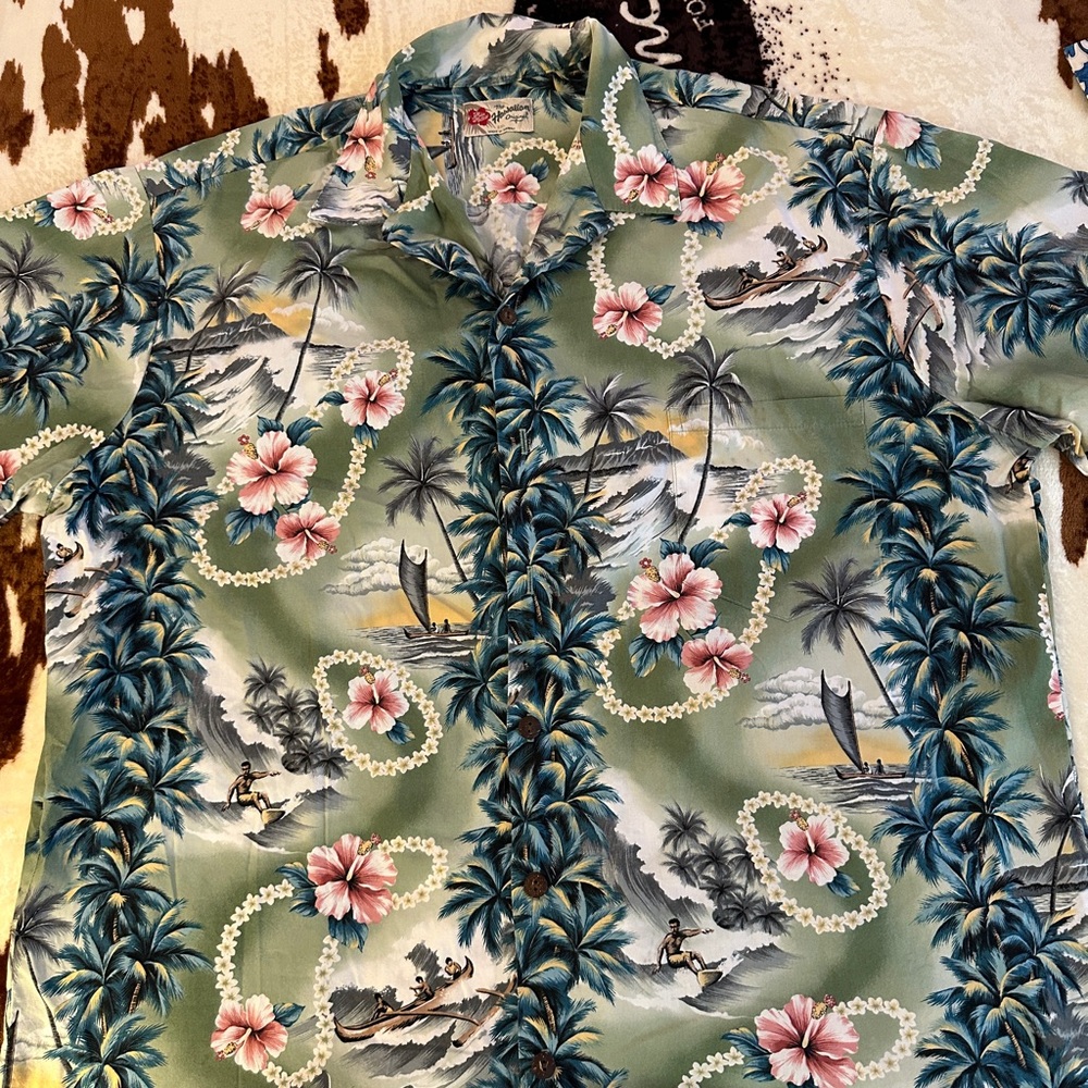Tropical Green Hawaiian Shirt with Pink Floral Design